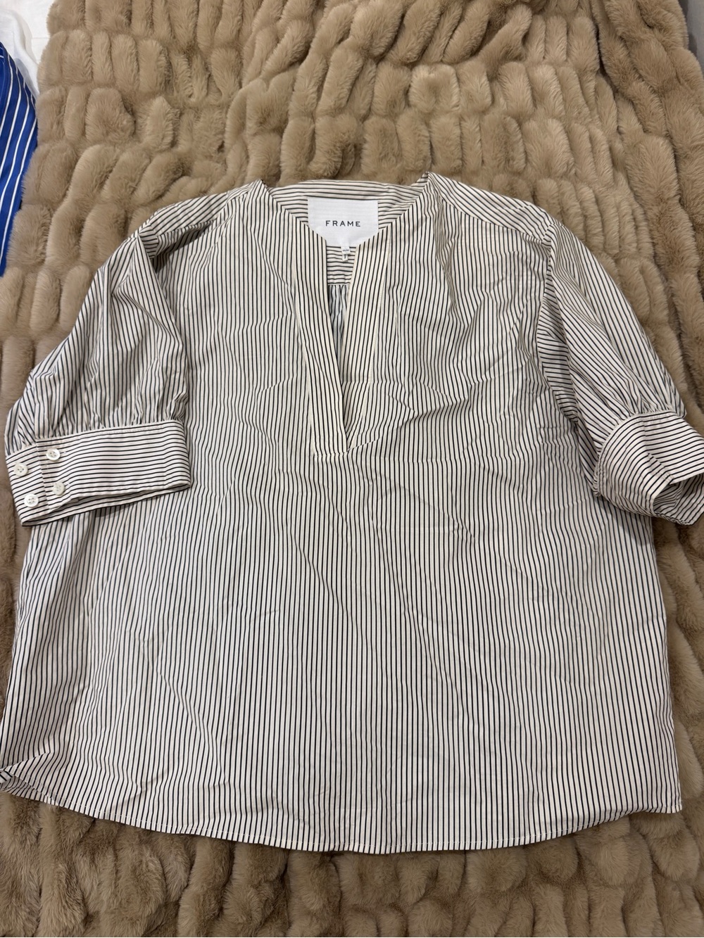 Frame Denim Women's Cream and Black Striped V-Neck Button Cuff Shirt